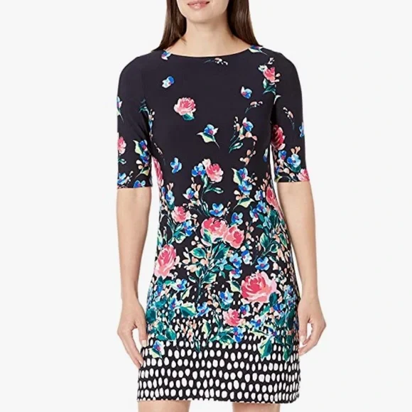 ELIZA J | Floral Stretch Jersey Short Sleeve Boat Neck Shift Dress (size 6) ELIZA J | Floral Stretch Jersey Short Sleeve Boat Neck Shift Dress (size 6)